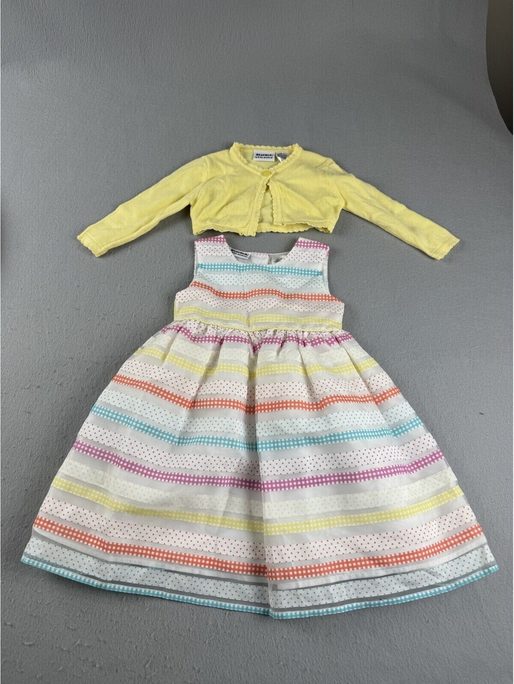 Blueberi Boulevard Girls Summer Dress Multi Color Polka Dot + Yellow Sweater- 3T